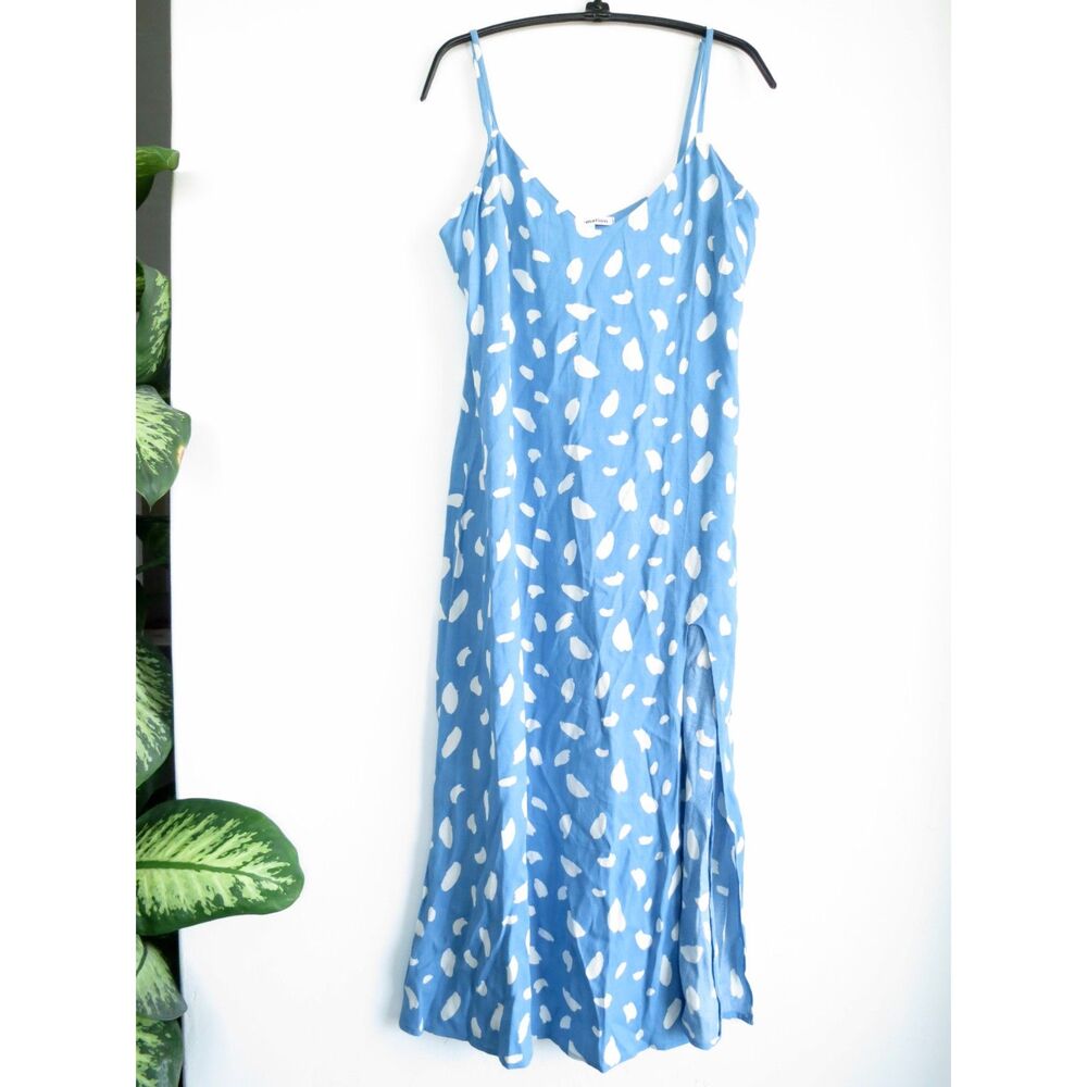 Reformation Crimini Blue White Polka Dot Midi Slip Dress Sz 8 Slit